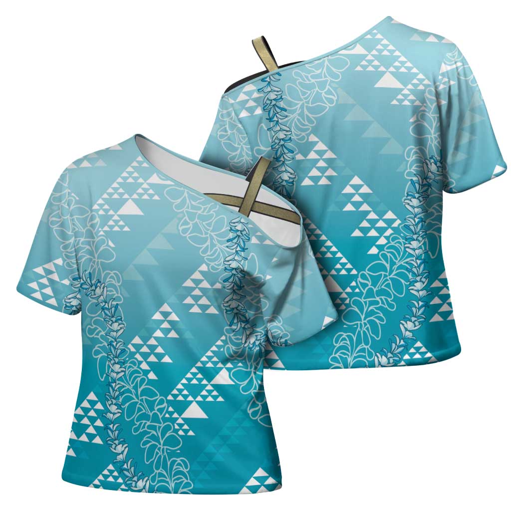 Hawaii Turquoise Kapa Cross Shoulder Shirt Vintage 'Ohe Kāpala Motifs Mix Plumeria Leis LT7 - Polynesian Pride
