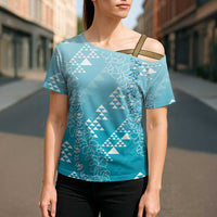 Hawaii Turquoise Kapa Cross Shoulder Shirt Vintage 'Ohe Kāpala Motifs Mix Plumeria Leis LT7 - Polynesian Pride