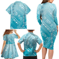 Hawaii Turquoise Kapa Family Matching Long Sleeve Bodycon Dress and Hawaiian Shirt Vintage 'Ohe Kāpala Motifs Mix Plumeria Leis LT7 - Polynesian Pride