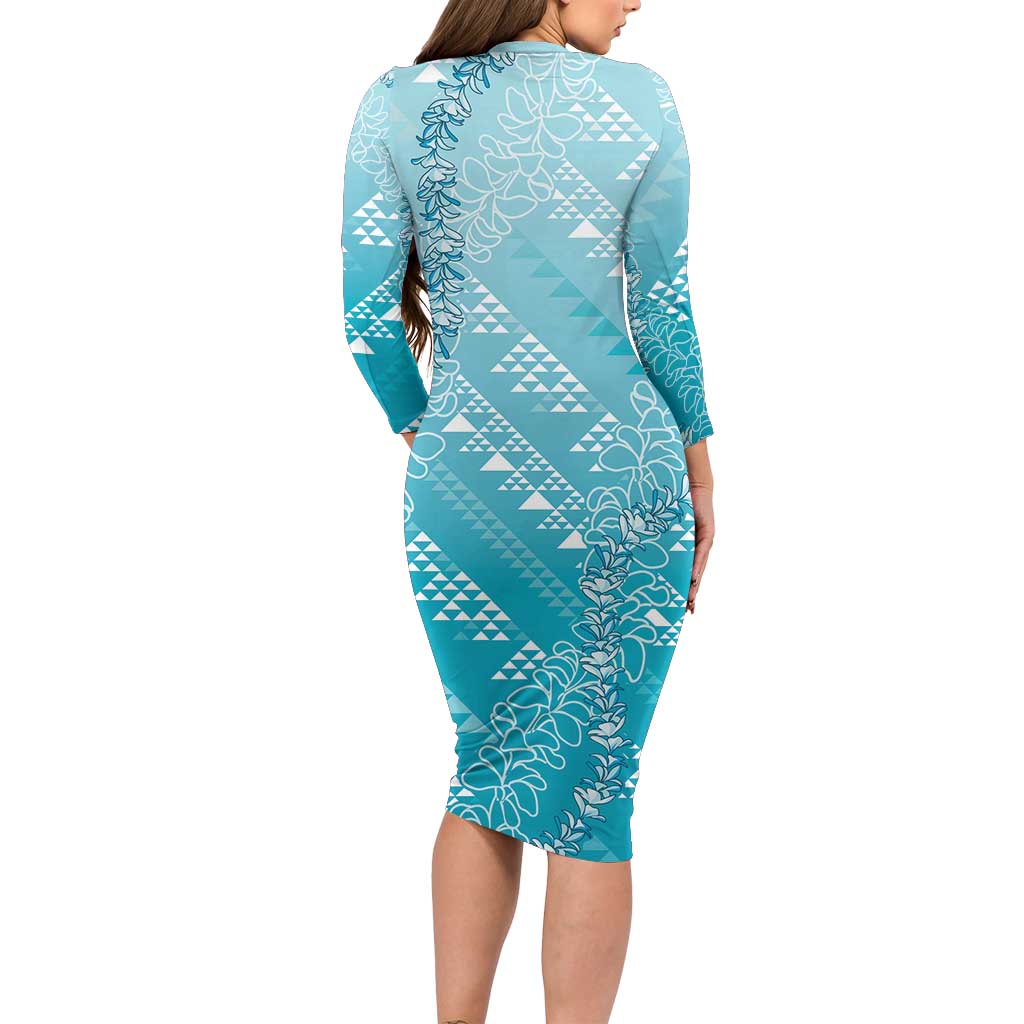 Hawaii Turquoise Kapa Family Matching Long Sleeve Bodycon Dress and Hawaiian Shirt Vintage 'Ohe Kāpala Motifs Mix Plumeria Leis LT7 - Polynesian Pride
