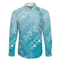 Hawaii Turquoise Kapa Family Matching Mermaid Dress and Hawaiian Shirt Vintage 'Ohe Kāpala Motifs Mix Plumeria Leis LT7 Dad's Shirt - Long Sleeve Turquoise - Polynesian Pride