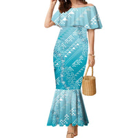 Hawaii Turquoise Kapa Family Matching Mermaid Dress and Hawaiian Shirt Vintage 'Ohe Kāpala Motifs Mix Plumeria Leis LT7 Mom's Dress Turquoise - Polynesian Pride