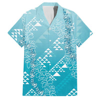 Hawaii Turquoise Kapa Family Matching Off The Shoulder Long Sleeve Dress and Hawaiian Shirt Vintage 'Ohe Kāpala Motifs Mix Plumeria Leis LT7 Dad's Shirt - Short Sleeve Turquoise - Polynesian Pride