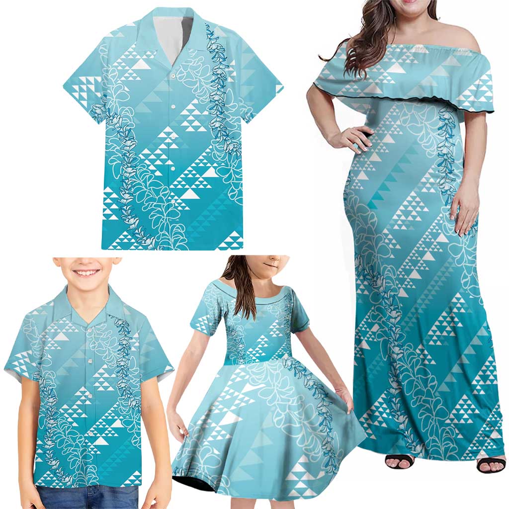 Hawaii Turquoise Kapa Family Matching Off Shoulder Maxi Dress and Hawaiian Shirt Vintage 'Ohe Kāpala Motifs Mix Plumeria Leis