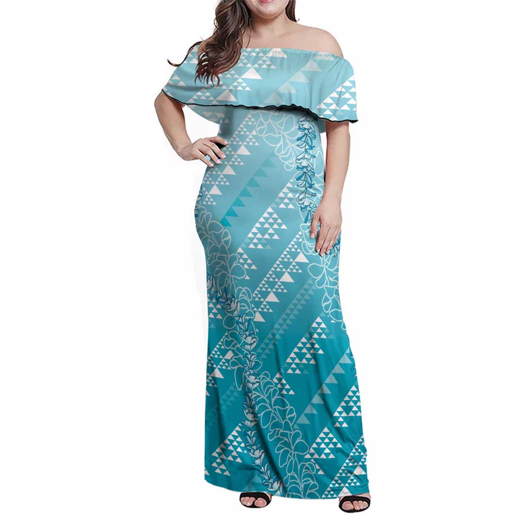 Hawaii Turquoise Kapa Family Matching Off Shoulder Maxi Dress and Hawaiian Shirt Vintage 'Ohe Kāpala Motifs Mix Plumeria Leis LT7 Mom's Dress Turquoise - Polynesian Pride