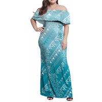 Hawaii Turquoise Kapa Family Matching Off Shoulder Maxi Dress and Hawaiian Shirt Vintage 'Ohe Kāpala Motifs Mix Plumeria Leis LT7 Mom's Dress Turquoise - Polynesian Pride