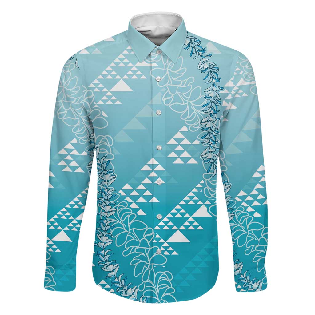 Hawaii Turquoise Kapa Family Matching Off Shoulder Short Dress and Hawaiian Shirt Vintage 'Ohe Kāpala Motifs Mix Plumeria Leis LT7 Dad's Shirt - Long Sleeve Turquoise - Polynesian Pride