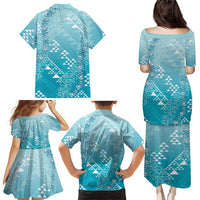 Hawaii Turquoise Kapa Family Matching Puletasi and Hawaiian Shirt Vintage 'Ohe Kāpala Motifs Mix Plumeria Leis LT7 - Polynesian Pride