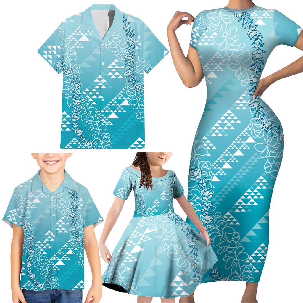Hawaii Turquoise Kapa Family Matching Short Sleeve Bodycon Dress and Hawaiian Shirt Vintage 'Ohe Kāpala Motifs Mix Plumeria Leis