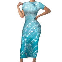 Hawaii Turquoise Kapa Family Matching Short Sleeve Bodycon Dress and Hawaiian Shirt Vintage 'Ohe Kāpala Motifs Mix Plumeria Leis LT7 Mom's Dress Turquoise - Polynesian Pride