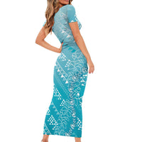 Hawaii Turquoise Kapa Family Matching Short Sleeve Bodycon Dress and Hawaiian Shirt Vintage 'Ohe Kāpala Motifs Mix Plumeria Leis LT7 - Polynesian Pride