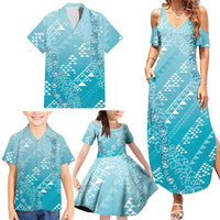 Hawaii Turquoise Kapa Family Matching Summer Maxi Dress and Hawaiian Shirt Vintage 'Ohe Kāpala Motifs Mix Plumeria Leis LT7 - Polynesian Pride