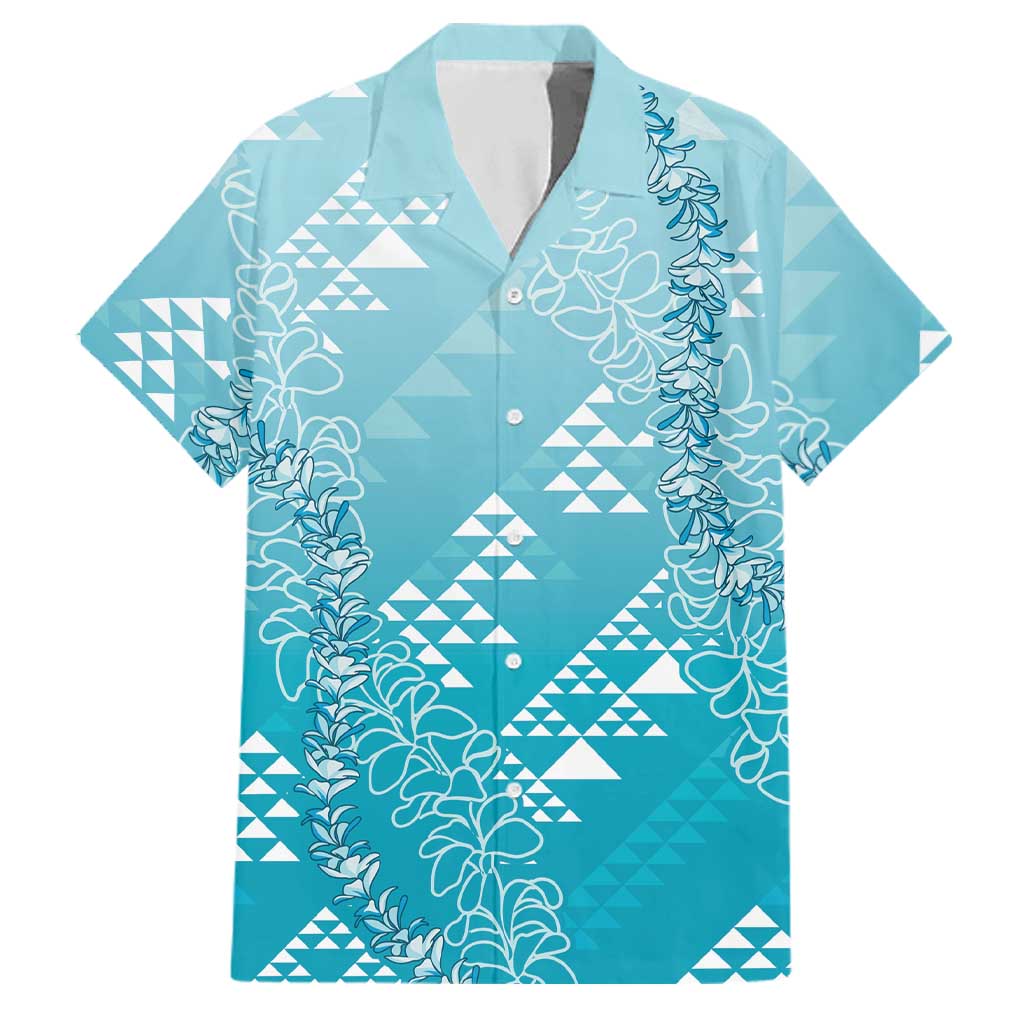 Hawaii Turquoise Kapa Family Matching Summer Maxi Dress and Hawaiian Shirt Vintage 'Ohe Kāpala Motifs Mix Plumeria Leis LT7 Dad's Shirt - Short Sleeve Turquoise - Polynesian Pride