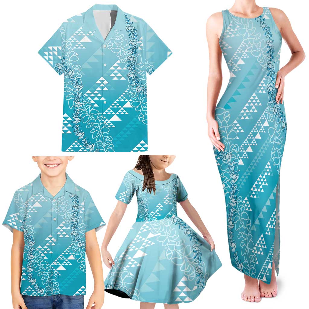 Hawaii Turquoise Kapa Family Matching Tank Maxi Dress and Hawaiian Shirt Vintage 'Ohe Kāpala Motifs Mix Plumeria Leis LT7 - Polynesian Pride