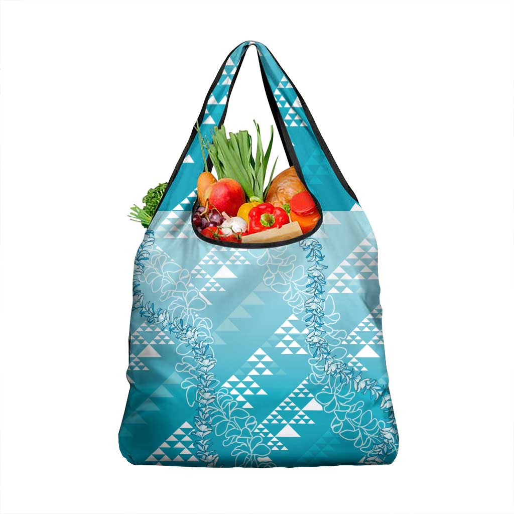 Hawaii Turquoise Kapa Grocery Bag Vintage 'Ohe Kāpala Motifs Mix Plumeria Leis LT7 1-pack One Size Turquoise - Polynesian Pride