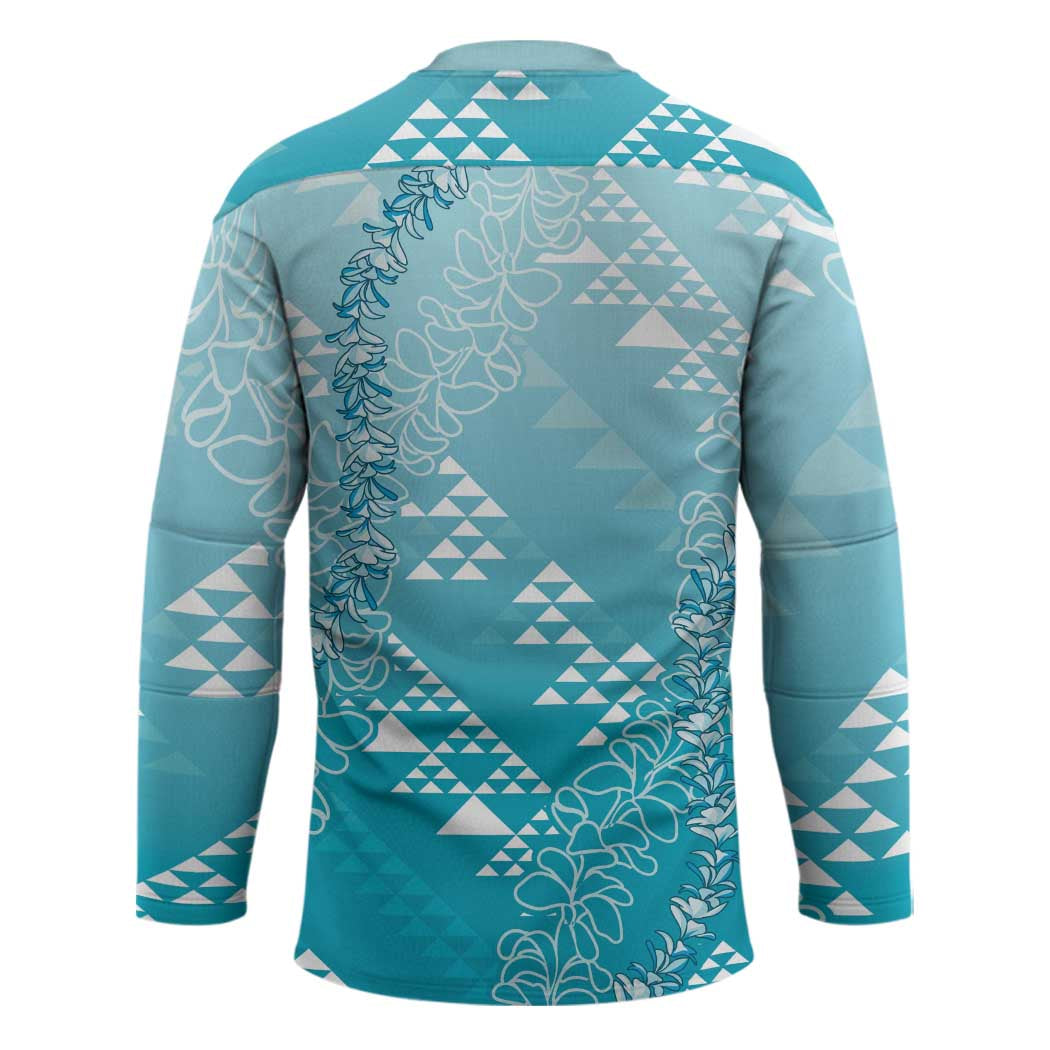 Hawaii Turquoise Kapa Hockey Jersey Vintage 'Ohe Kāpala Motifs Mix Plumeria Leis LT7 - Polynesian Pride