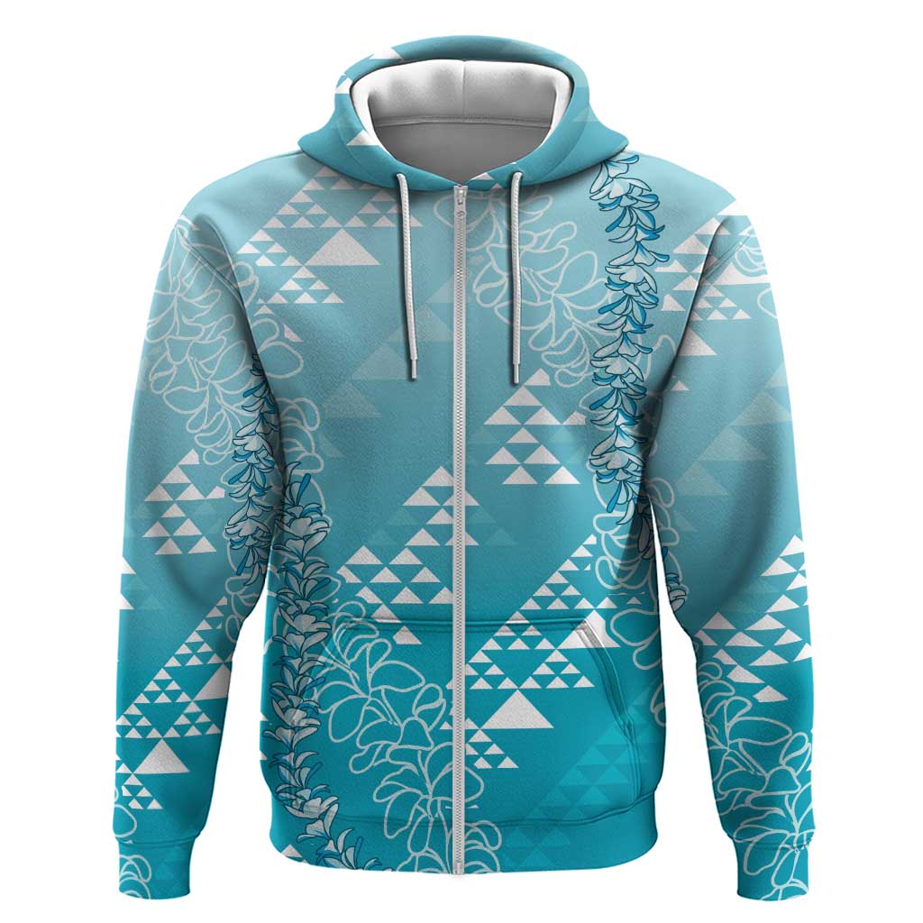 Hawaii Turquoise Kapa Hoodie Vintage 'Ohe Kāpala Motifs Mix Plumeria Leis LT7 Zip Hoodie Turquoise - Polynesian Pride