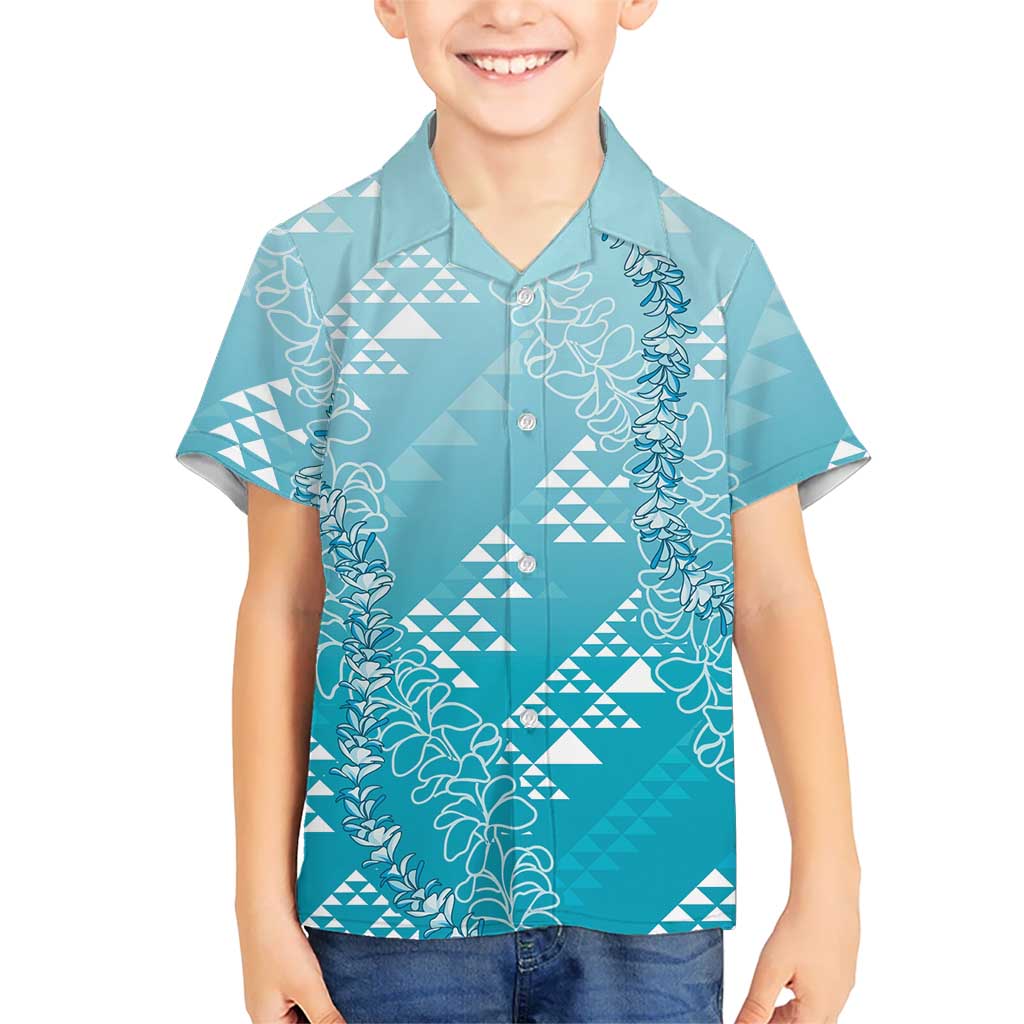 Hawaii Turquoise Kapa Kid Hawaiian Shirt Vintage 'Ohe Kāpala Motifs Mix Plumeria Leis LT7 Kid Turquoise - Polynesian Pride