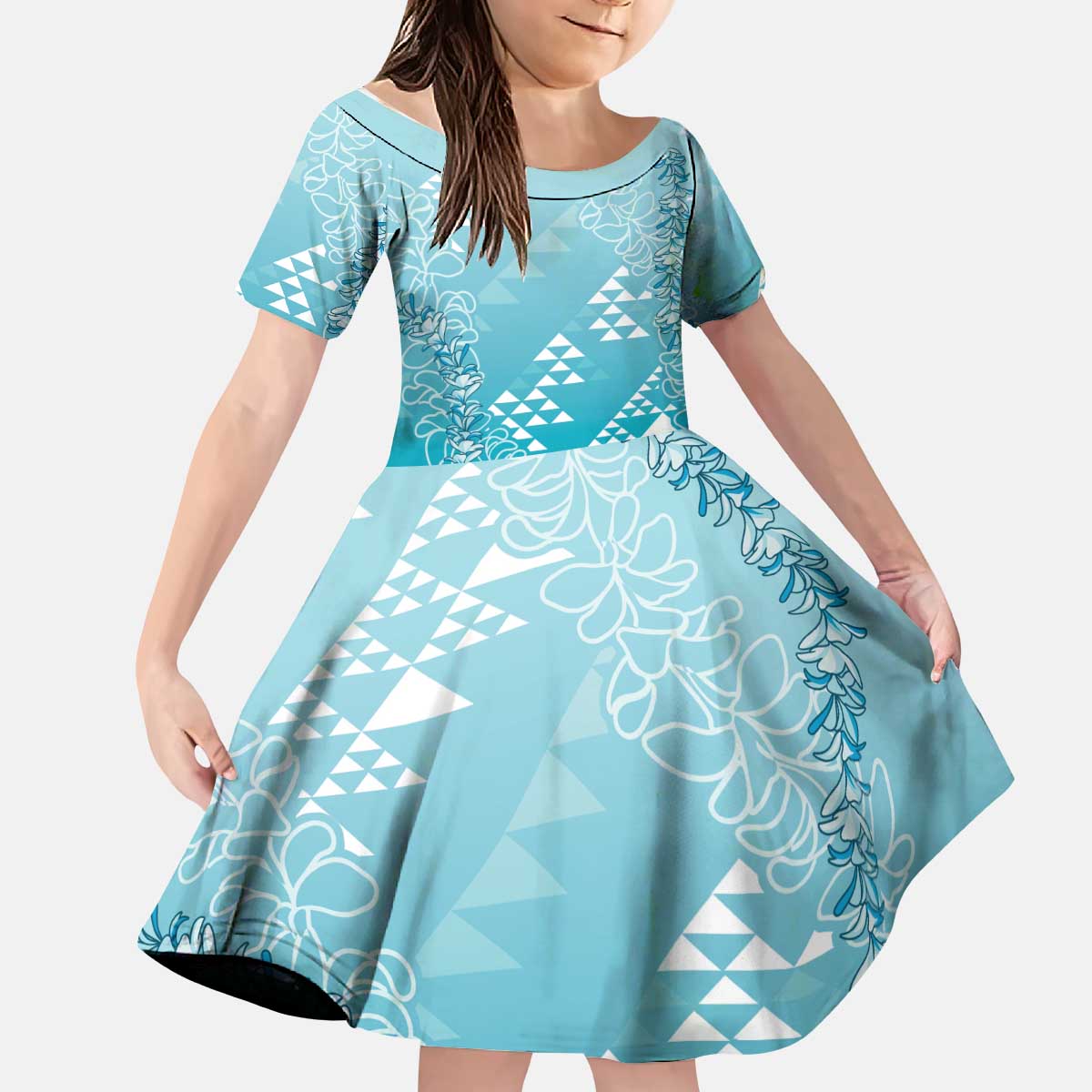 Hawaii Turquoise Kapa Kid Short Sleeve Dress Vintage 'Ohe Kāpala Motifs Mix Plumeria Leis LT7 KID Turquoise - Polynesian Pride