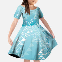 Hawaii Turquoise Kapa Kid Short Sleeve Dress Vintage 'Ohe Kāpala Motifs Mix Plumeria Leis LT7 KID Turquoise - Polynesian Pride
