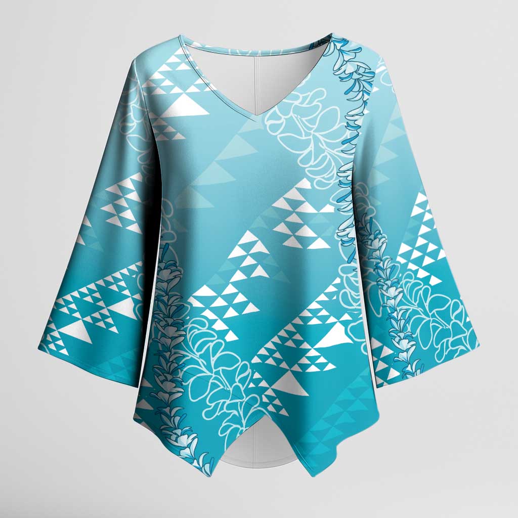 Hawaii Turquoise Kapa Kimono Sleeve Blouse Vintage 'Ohe Kāpala Motifs Mix Plumeria Leis LT7 Female Turquoise - Polynesian Pride