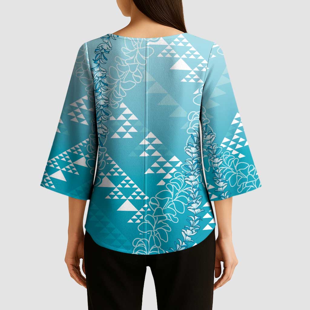 Hawaii Turquoise Kapa Kimono Sleeve Blouse Vintage 'Ohe Kāpala Motifs Mix Plumeria Leis LT7 - Polynesian Pride