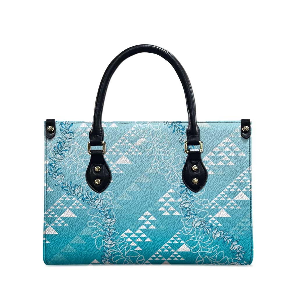 Hawaii Turquoise Kapa Leather Bag Vintage 'Ohe Kāpala Motifs Mix Plumeria Leis
