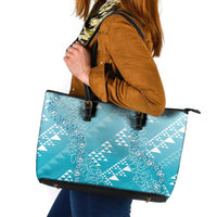 Hawaii Turquoise Kapa Leather Tote Bag Vintage 'Ohe Kāpala Motifs Mix Plumeria Leis LT7 Turquoise - Polynesian Pride