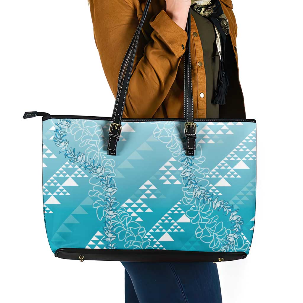 Hawaii Turquoise Kapa Leather Tote Bag Vintage 'Ohe Kāpala Motifs Mix Plumeria Leis LT7 - Polynesian Pride