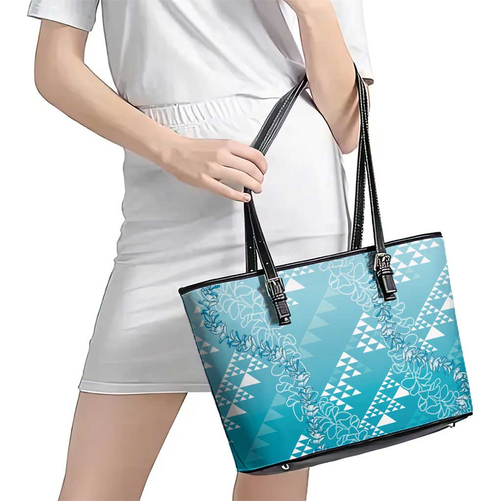 Hawaii Turquoise Kapa Leather Tote Bag Vintage 'Ohe Kāpala Motifs Mix Plumeria Leis LT7 - Polynesian Pride