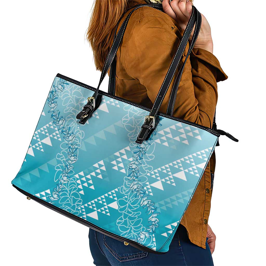 Hawaii Turquoise Kapa Leather Tote Bag Vintage 'Ohe Kāpala Motifs Mix Plumeria Leis LT7 - Polynesian Pride