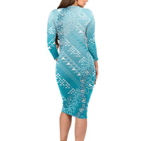 Hawaii Turquoise Kapa Long Sleeve Bodycon Dress Vintage 'Ohe Kāpala Motifs Mix Plumeria Leis LT7 - Polynesian Pride