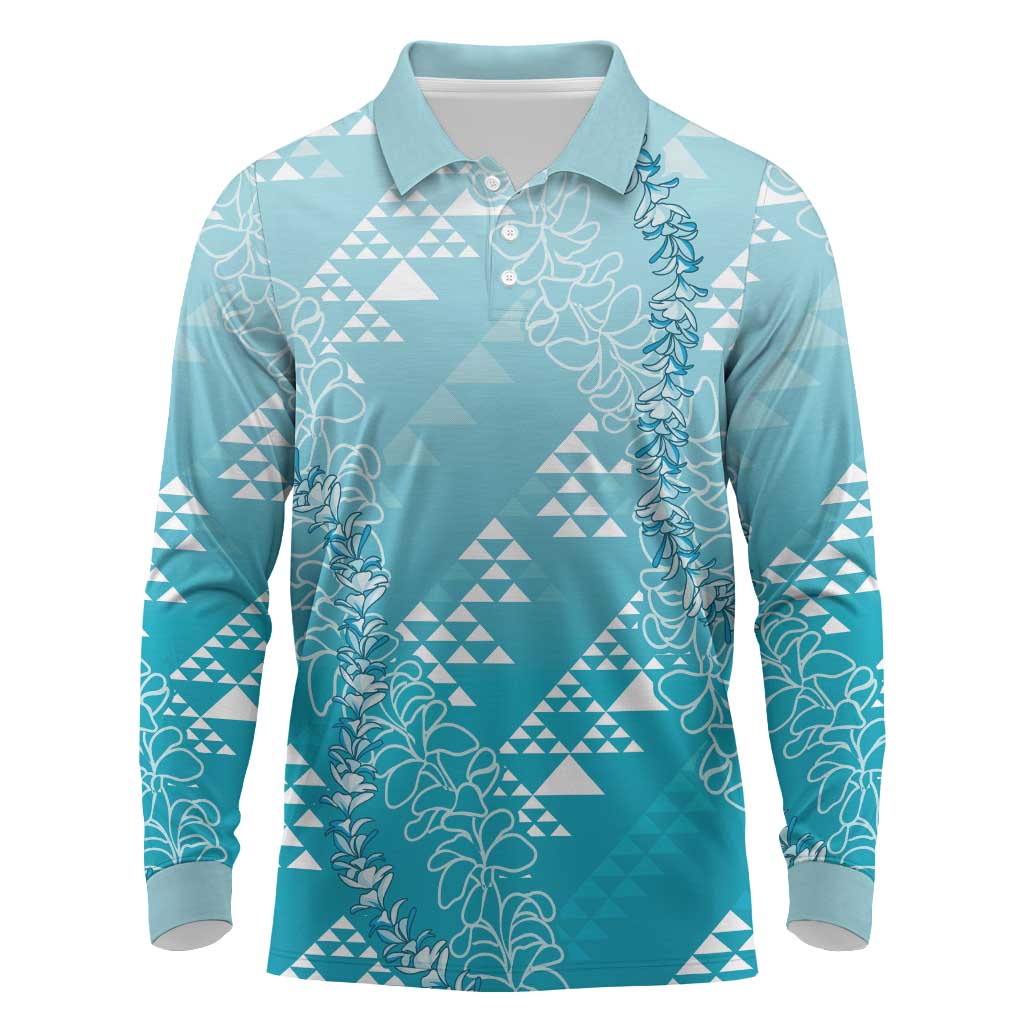 Hawaii Turquoise Kapa Long Sleeve Polo Shirt Vintage 'Ohe Kāpala Motifs Mix Plumeria Leis LT7 Turquoise - Polynesian Pride
