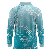 Hawaii Turquoise Kapa Long Sleeve Polo Shirt Vintage 'Ohe Kāpala Motifs Mix Plumeria Leis LT7 - Polynesian Pride