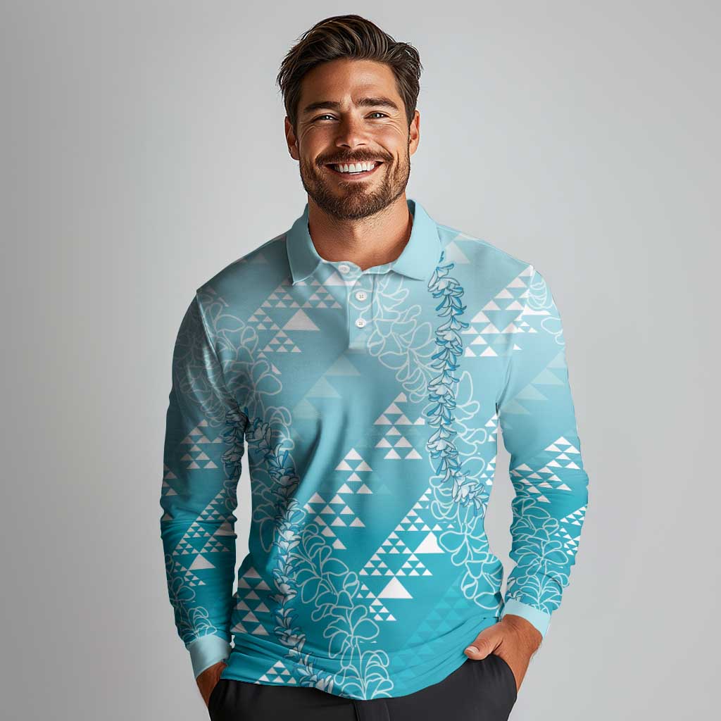 Hawaii Turquoise Kapa Long Sleeve Polo Shirt Vintage 'Ohe Kāpala Motifs Mix Plumeria Leis LT7 - Polynesian Pride