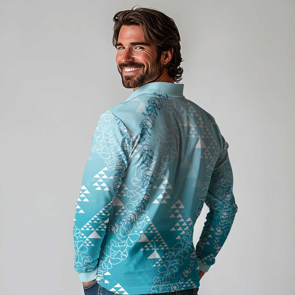 Hawaii Turquoise Kapa Long Sleeve Polo Shirt Vintage 'Ohe Kāpala Motifs Mix Plumeria Leis LT7 - Polynesian Pride