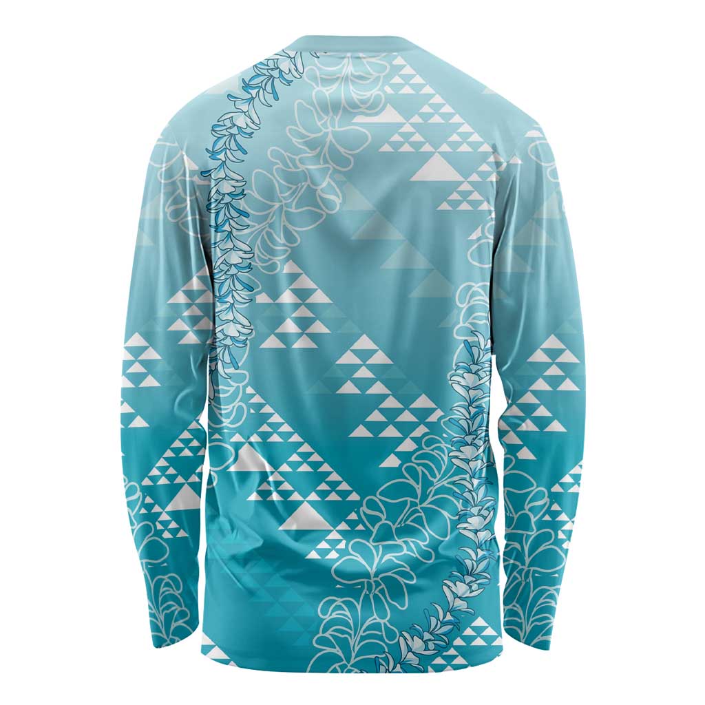Hawaii Turquoise Kapa Long Sleeve Shirt Vintage 'Ohe Kāpala Motifs Mix Plumeria Leis LT7 - Polynesian Pride