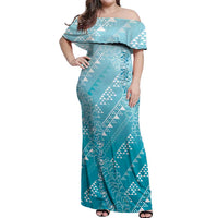 Hawaii Turquoise Kapa Off Shoulder Maxi Dress Vintage 'Ohe Kāpala Motifs Mix Plumeria Leis LT7 Women Turquoise - Polynesian Pride