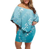 Hawaii Turquoise Kapa Off Shoulder Short Dress Vintage 'Ohe Kāpala Motifs Mix Plumeria Leis LT7 Women Turquoise - Polynesian Pride