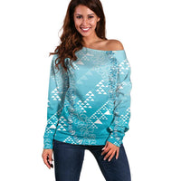 Hawaii Turquoise Kapa Off Shoulder Sweater Vintage 'Ohe Kāpala Motifs Mix Plumeria Leis