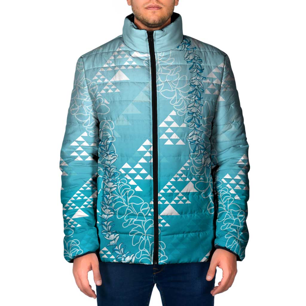 Hawaii Turquoise Kapa Padded Jacket Vintage 'Ohe Kāpala Motifs Mix Plumeria Leis