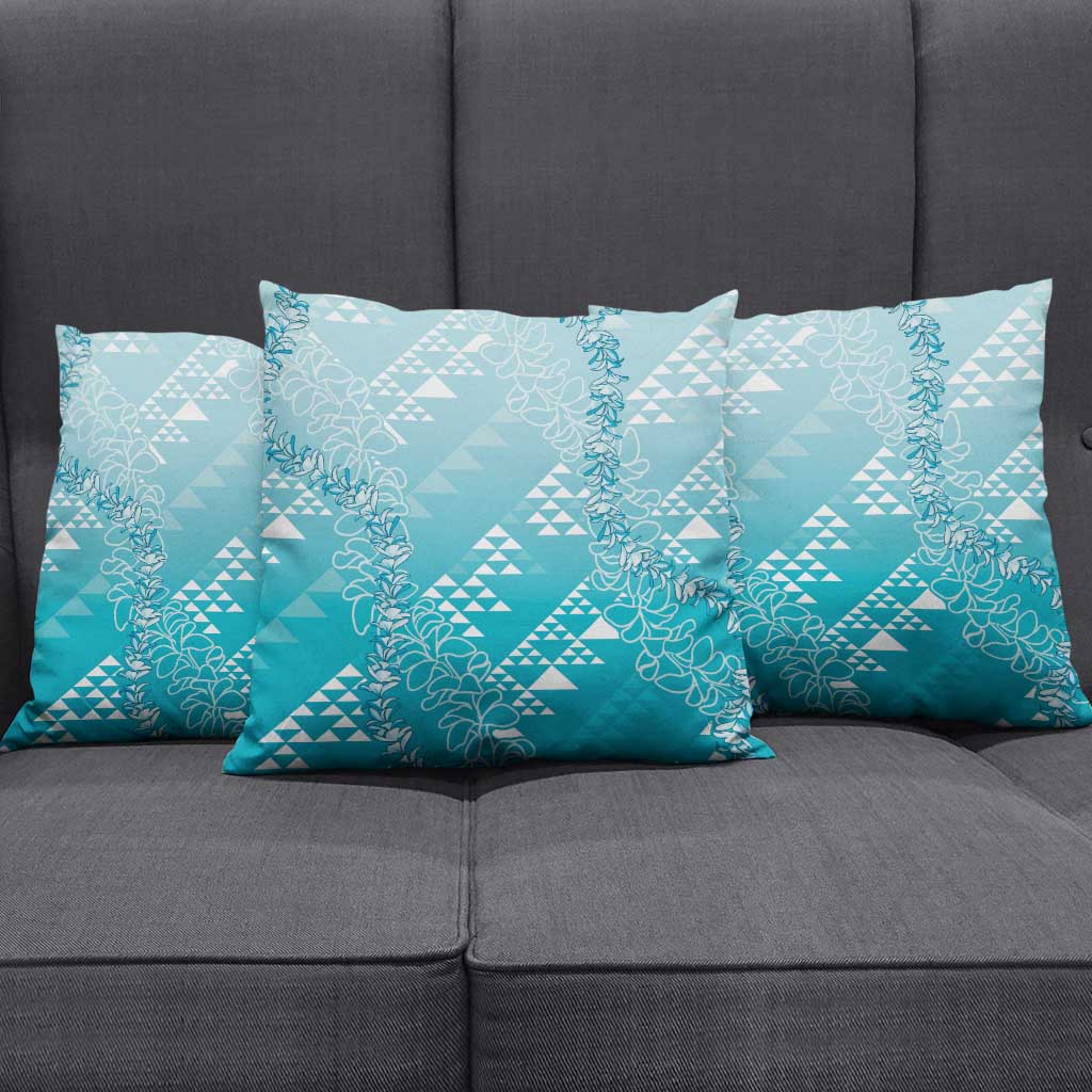Hawaii Turquoise Kapa Pillow Cover Vintage 'Ohe Kāpala Motifs Mix Plumeria Leis