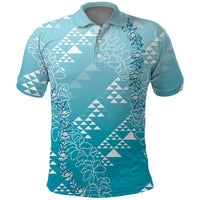 Hawaii Turquoise Kapa Polo Shirt Vintage 'Ohe Kāpala Motifs Mix Plumeria Leis LT7 Turquoise - Polynesian Pride