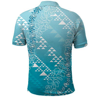 Hawaii Turquoise Kapa Polo Shirt Vintage 'Ohe Kāpala Motifs Mix Plumeria Leis LT7 - Polynesian Pride
