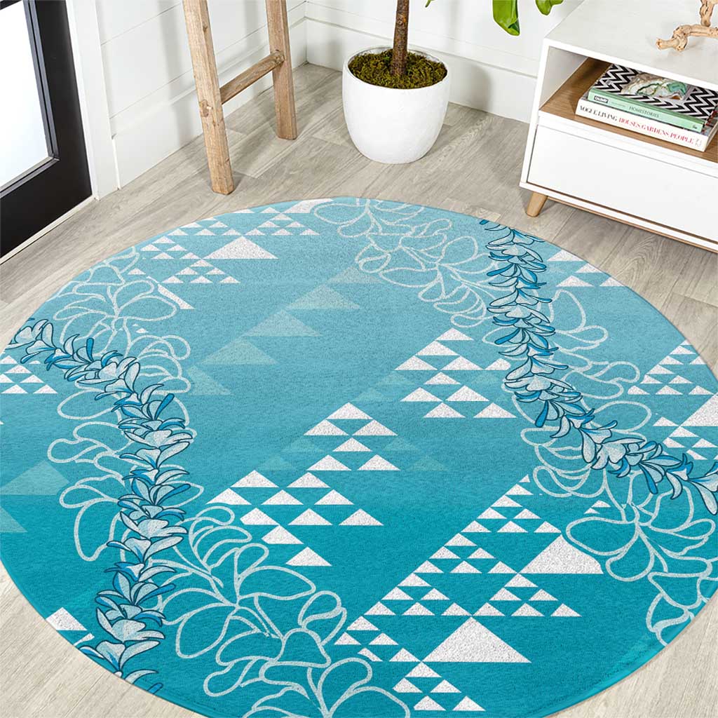Hawaii Turquoise Kapa Round Carpet Vintage 'Ohe Kāpala Motifs Mix Plumeria Leis