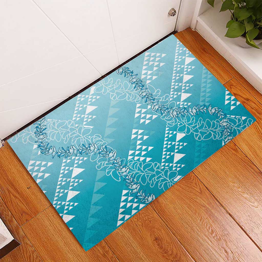 Hawaii Turquoise Kapa Rubber Doormat Vintage 'Ohe Kāpala Motifs Mix Plumeria Leis