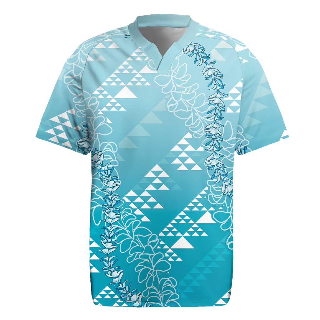 Hawaii Turquoise Kapa Rugby Jersey Vintage 'Ohe Kāpala Motifs Mix Plumeria Leis