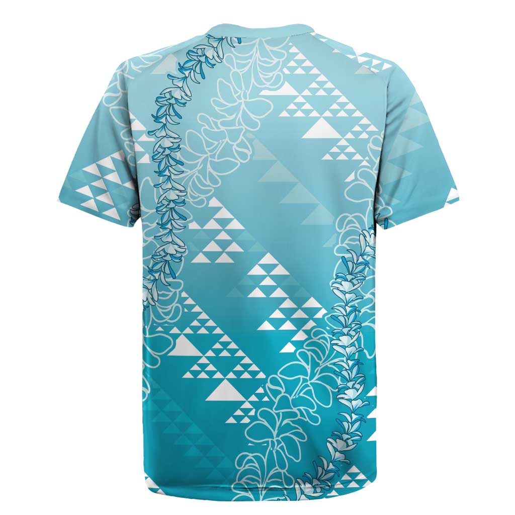 Hawaii Turquoise Kapa Rugby Jersey Vintage 'Ohe Kāpala Motifs Mix Plumeria Leis