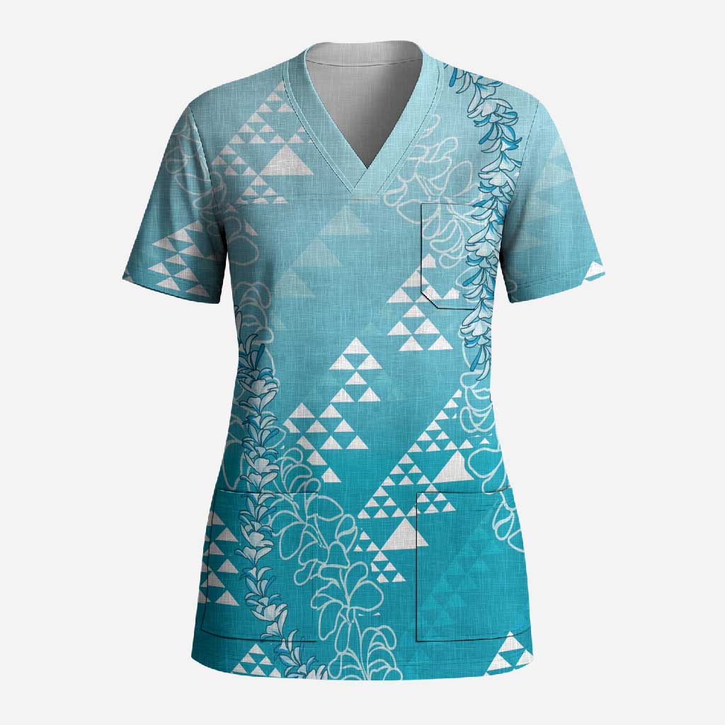 Hawaii Turquoise Kapa Scrub Top Vintage 'Ohe Kāpala Motifs Mix Plumeria Leis
