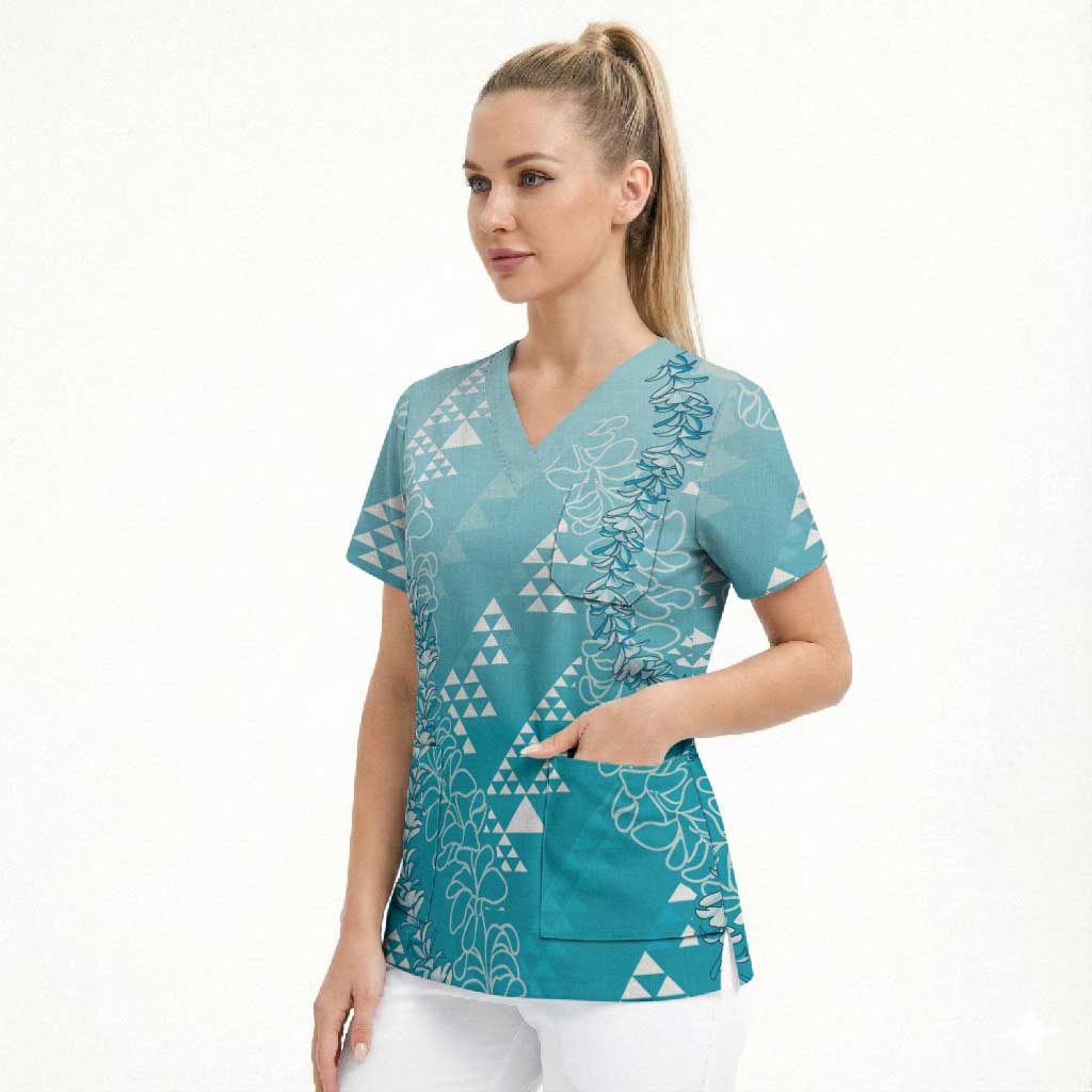 Hawaii Turquoise Kapa Scrub Top Vintage 'Ohe Kāpala Motifs Mix Plumeria Leis